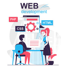 Web development isolated cartoon concept. Developers customize and optimize pages in office, people scene in flat design. Vector illustration for blogging, website, mobile app, promotional materials.