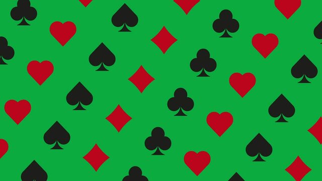Green background with simple pattern with rotating playing card symbols (Diamonds, Clubs, Hearts, and Spades). Creative gambling concept animation