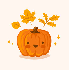 Cute little pumpkin flat vector illustration. Funny kawaii orange gourd, squash. Isolated hand-drawn cartoon character. Illustration for kids, childish print.