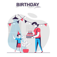 Birthday isolated cartoon concept. Father celebrates with son and gives cake with candles, people scene in flat design. Vector illustration for blogging, website, mobile app, promotional materials.