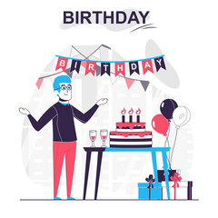 Birthday isolated cartoon concept. Man celebrating at party with cake, gifts and decor, people scene in flat design. Vector illustration for blogging, website, mobile app, promotional materials.