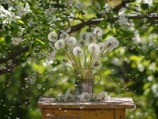 Sunny airy still life with a bouquet of white fluffy dandelions in a brass Cup holder standing on a shabby stool in a spring blooming garden