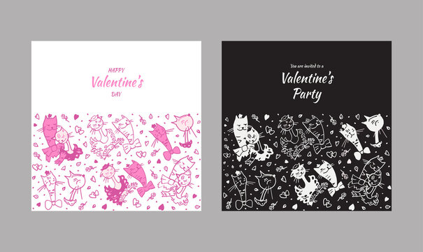 Greeting cards with cats in love for a Valentines day. Pictures of cats in vector format for the design of a romantic celebration, postcards, posters, invitations.