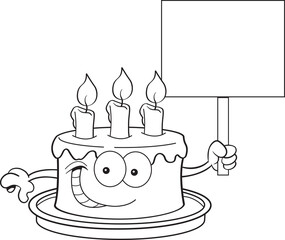 Black and white illustration of a smiling birthday cake holding a sign.