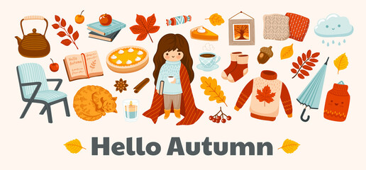 Hello autumn horizontal banner. Cozy fall postcard layout. Vector template with cute kawaii illustration. Pumpkin pie, arm chair, rainy cloud, sweater, umbrella, foliage, books. Stay at home concept.