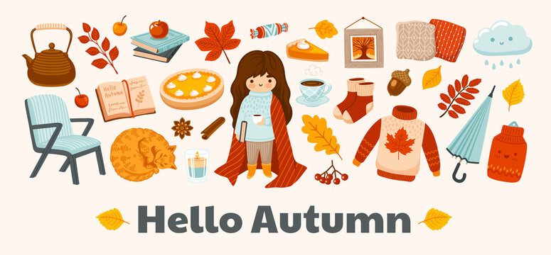 Hello autumn horizontal banner. Cozy fall postcard layout. Vector template with cute kawaii illustration. Pumpkin pie, arm chair, rainy cloud, sweater, umbrella, foliage, books. Stay at home concept.