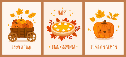 Pumpkin cart, pie, fallen leaves. Seasonal postcard, poster, print. Harvest time, happy thanksgiving, pumpkin season greeting card, invitation. Vector hand drawn illustrations.