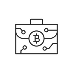 Crypto portfolio thin line icon. Lined briefcase with Bitcoin sign isolated on white background. Vector illustration. 