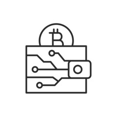 Crypto wallet icon. Thin line icon of digital wallet with bitcoin sign isolated on white background. For social media and web design. Vector illustration 