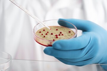 Scientist Works with Petri Dishes with Bacteria, Tissue and Blood Samples. Concept of Pharmaceutical for Antibiotics, Curing Disease with DNA Enhancing Drugs.