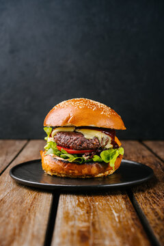 Fresh Tasty Meat Free Burger On Wooden Table