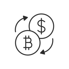 Crypto convert icon. Thin line icon dollar and bitcoin signs with arrows of exchange isolated on white background. Vector illustration. 