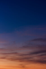 Fototapeta na wymiar Colorful sunset sky vertical in the evening on twilight with orange sunlight on dark blue hour background