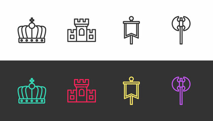 Set line King crown, Castle, fortress, Medieval flag and axe on black and white. Vector