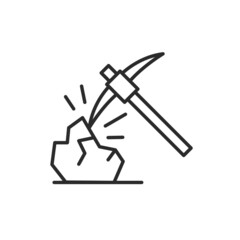 Mining icon. Crypto mining. Thin line icon of pickaxe and rock isolated on white background. For social media and web design. Vector illustration.