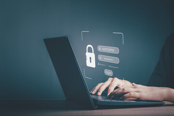 Cyber security and concept data protection. User typing login and password select the key icon security on the virtual display.