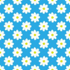 Beautiful inky white flowers isolated on blue background. Cute floral seamless pattern. Vector simple flat graphic hand drawn illustration. Texture.