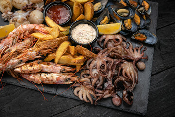 Seafood. Set of seafood and sauces, on a slate board, on a dark wooden table
