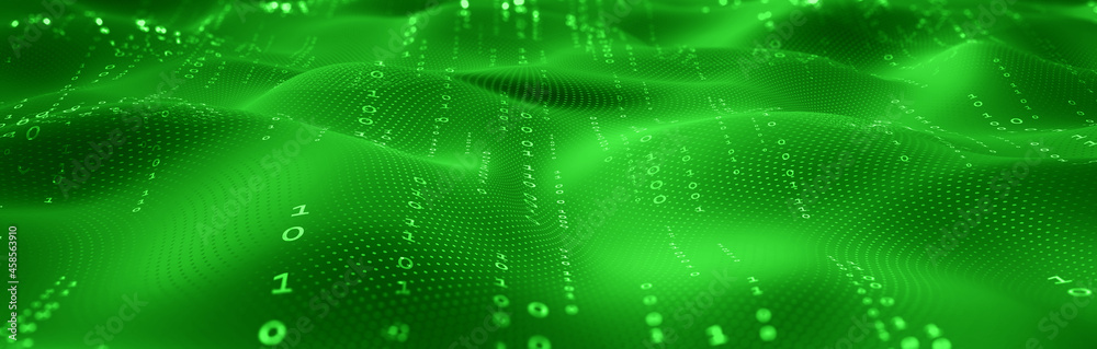 Leinwandbilder Digital waves. Data analysis. Binary code. Wavy Plane, Nodes and Points in Curved Space. Technological nanostructure. 3D illustration for business projects