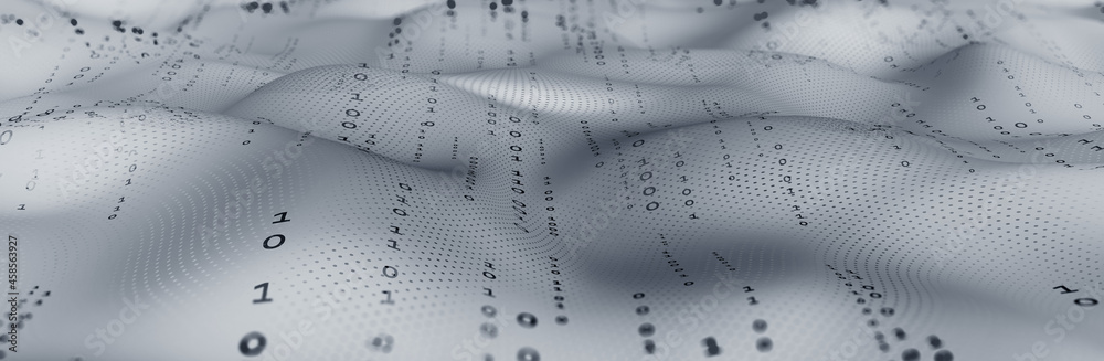 Poster Digital waves. Data analysis. Binary code. Wavy Plane, Nodes and Points in Curved Space. Technological nanostructure. 3D illustration for business projects