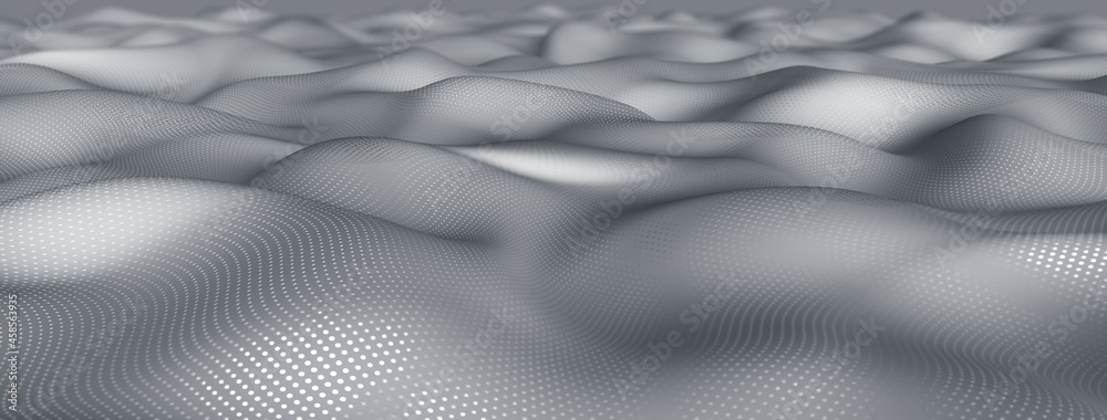 Poster abstract dunes. deserted hills. wavy plane, nodes and points in curved space. technological monochro