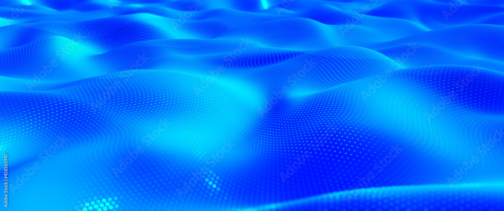 Aufkleber Wavy blue plane, Nodes and points in curved space. Technological 3D illustration for business projects