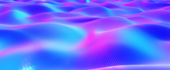 Obraz premium Wave 3D illustration, color flow, field overflows, points in space. Curved surface, neon, violet full color screen