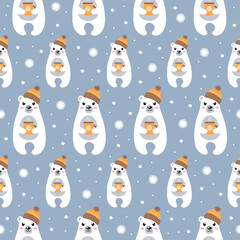 Colorful seamless pattern with cute white polar bear in a warm hat with a cup of hot tea on blue background. Modern cartoon vector illustration.	

