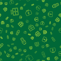 Set line Solar energy panel, LED light bulb and Lightning bolt on seamless pattern. Vector
