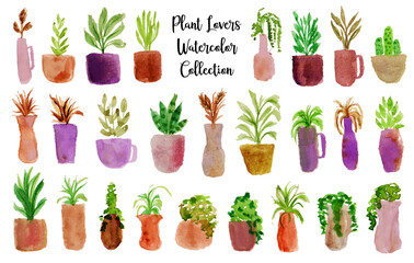set of  beautiful hand drawn pot, vas and plants watercolor 