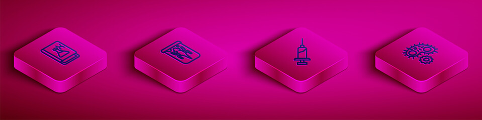 Set Isometric line Genetic engineering book, Experimental animal, Syringe and Virus icon. Vector