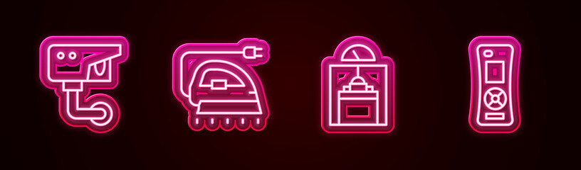 Set line Security camera, Electric iron, Lift and Remote control. Glowing neon icon. Vector