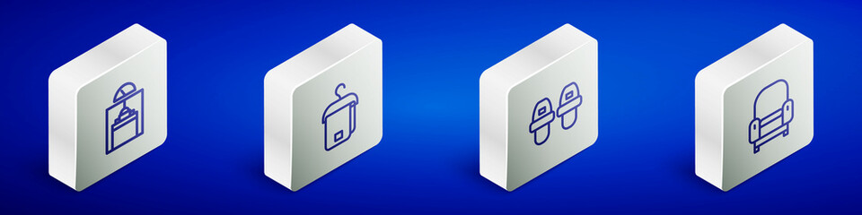 Set Isometric line Lift, Towel on hanger, Hotel slippers and Armchair icon. Vector