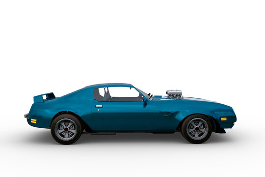 Side view 3D rendering of a blue and white 1970s retro American muscle car isolated on a white background.