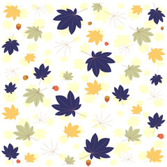 Autumn mapple leaves and acorn pattern in blue yellow grey color