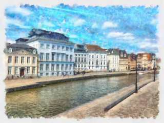 Fototapeta na wymiar Ghent, Belgium. Panoramic view of the quay in the promenade next to river. Architecture and landmark illustration. Watercolor drawing picture