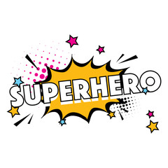 Superhero typography with halftone stars and comic background with yellow blue pink color