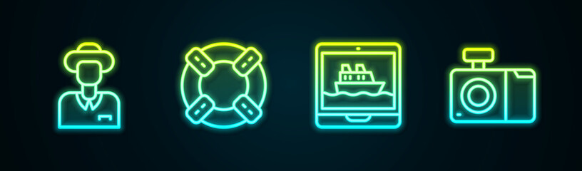 Set line Tourist, Lifebuoy, Cruise ship and Photo camera. Glowing neon icon. Vector
