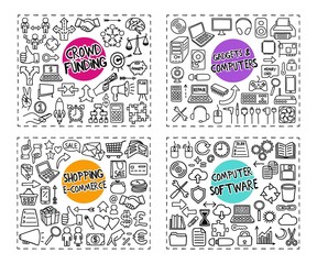 Crowd Funding, Gadgets, Computer Software, Shopping doodle icons set