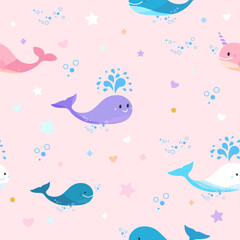 Kids pattern with blue whale and pink narwhal and stars. Cute color whale seamless pattern