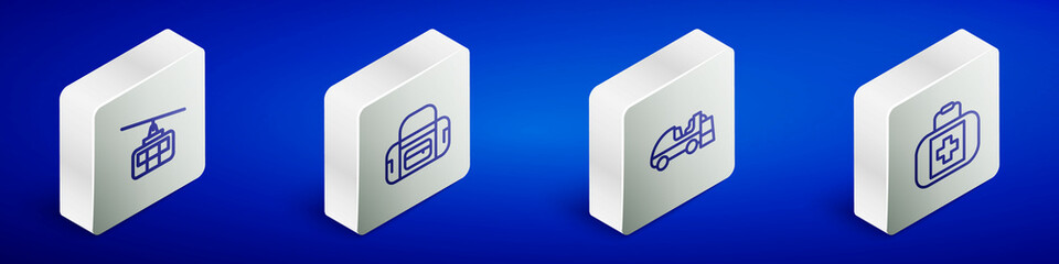 Set Isometric line Cable car, Sport bag, Ice resurfacer and First aid kit icon. Vector