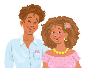 Portrait of a young African American couple of man and woman. In cartoon style. Isolated on white background. Vector illustration. 