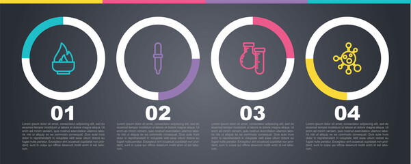 Set line Alcohol or spirit burner, Pipette, Test tube and flask and Molecule. Business infographic template. Vector