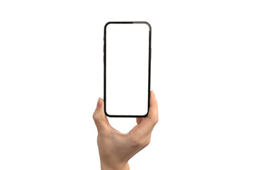 Hand holding smartphone with blank white screen, mockup photo