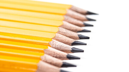 Wooden Pencils in a Row on a White Background with Copy Space. Education and Business Concept. Working Together. Selective Focus on Sharp Edges of Pencils. Teamwork Composition