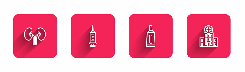 Set line Human kidneys, Syringe, Ointment cream tube medicine and Medical hospital building with long shadow. Red square button. Vector