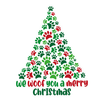 We Woof You A Merry Christmas - funny greeting, and paw print Christmas tree. Good for Greeting, and invitation card, poster, textile print and other decoration.