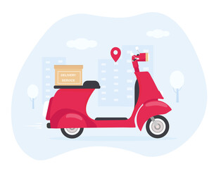 Delivery service. Express delivery. Poster banner design concept. Scooter Courier. Online delivery service. Flat design.