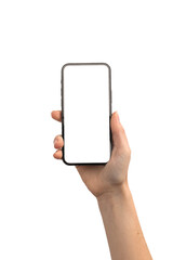 Obraz na płótnie Canvas Female hand with smartphone screen mockup isolated on a white background photo