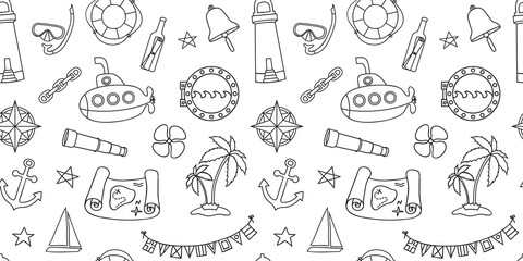 Nautical style seamless wallpaper with hand drawn elements in line art style
